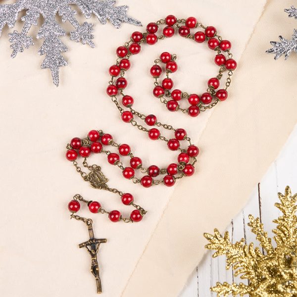 Rose & Crucifix of 8 mm Round Red Natural Stone Alloy Chain Rosary