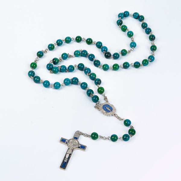 Miraculous Medal & Crucifix of 8 mm Round Green Blue Stone Alloy Chain Rosary