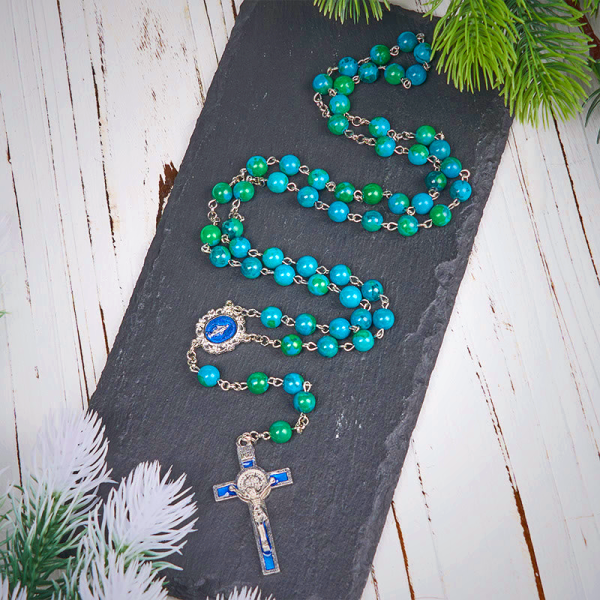 Miraculous Medal & Crucifix of 8 mm Round Green Blue Stone Alloy Chain Rosary