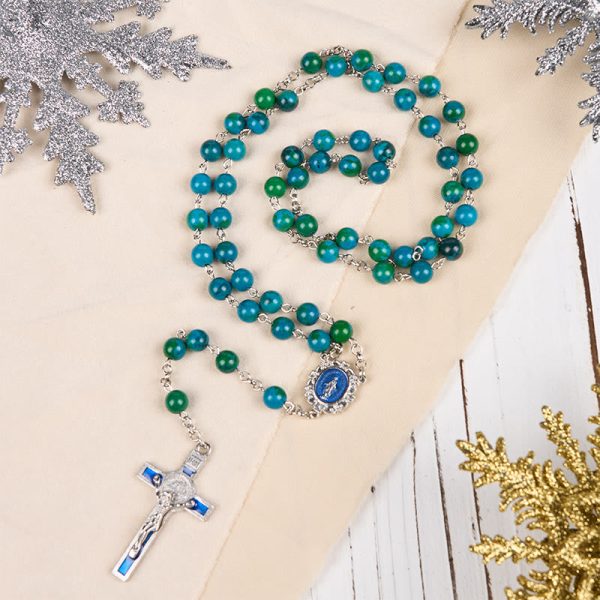 Miraculous Medal & Crucifix of 8 mm Round Green Blue Stone Alloy Chain Rosary