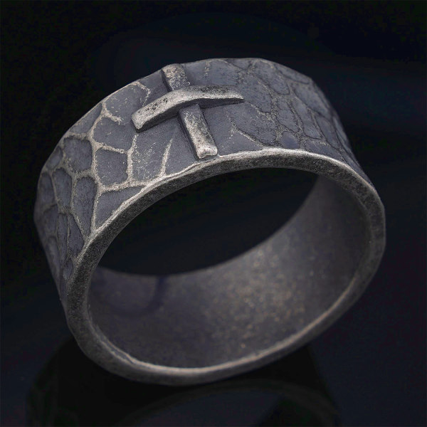 Vintage Style Ancient Texture Forged Stone Cross Ring