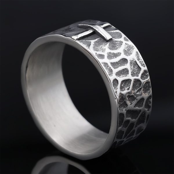 Christianartworkshop Vintage Style Ancient Texture Forged Stone Cross Ring