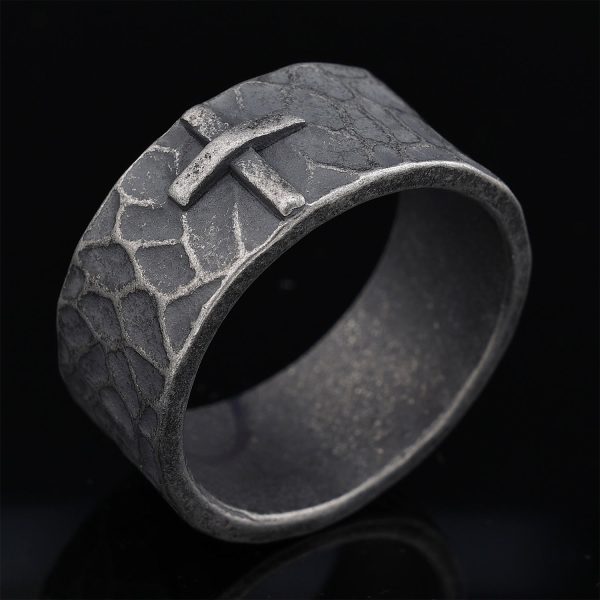 Christianartworkshop Vintage Style Ancient Texture Forged Stone Cross Ring