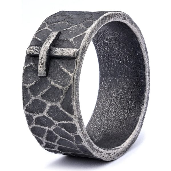 Christianartworkshop Vintage Style Ancient Texture Forged Stone Cross Ring
