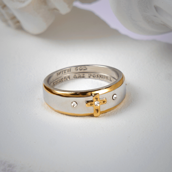 Modern Style Two-tone Gold Cross Alloy Ring(Made in Holy Land)