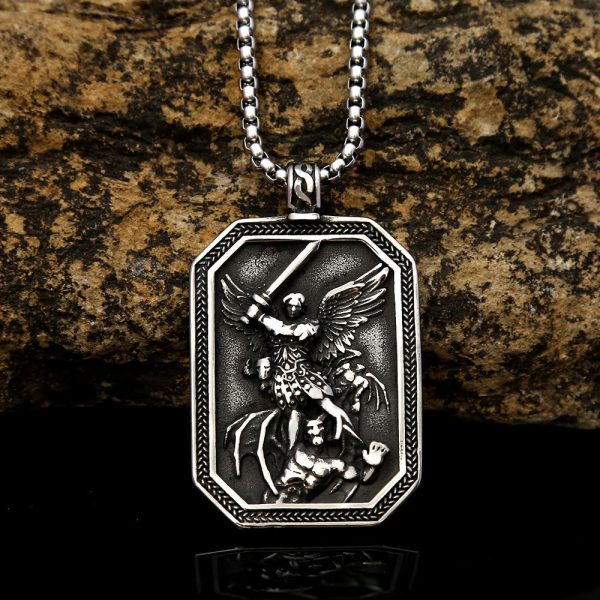 Retro Style Archangel St. Micheal Protect Us Crafted Stainless Steel Pendant Necklace