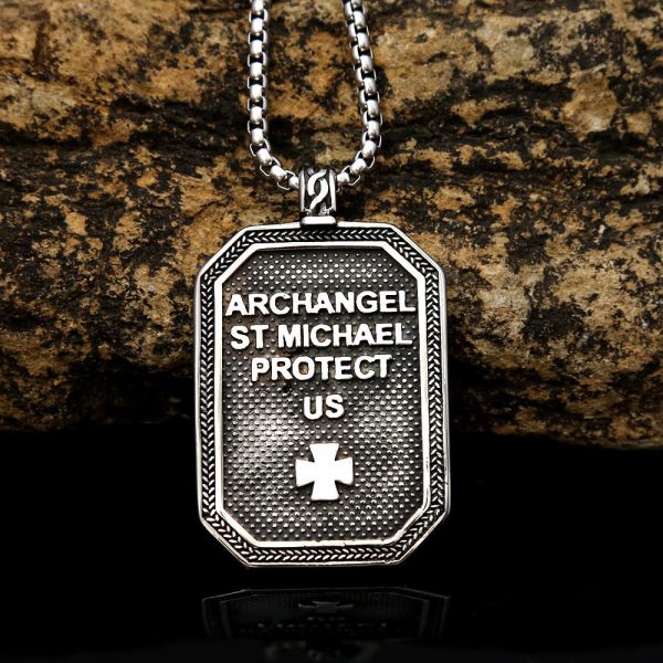 Retro Style Archangel St. Micheal Protect Us Crafted Stainless Steel Pendant Necklace