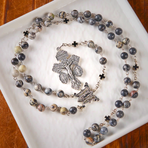 Miraculous Medal & Crucifix Of 8 Mm Round Camouflage Gray Natural Stone Alloy Chain Rosary