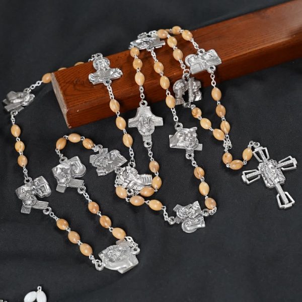 Christianartworkshop Via Crucis 14 Stations of the Cross Oval Mother of Pearl/Olive Wood Alloy Chain Rosary