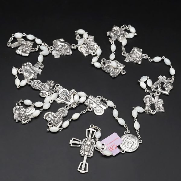 Christianartworkshop Via Crucis 14 Stations of the Cross Oval Mother of Pearl/Olive Wood Alloy Chain Rosary