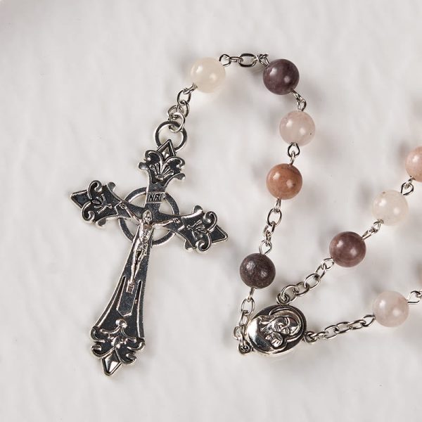 Madonna and Child & Crucifix of 8mm Round Multicolor Agate Alloy Chain Rosary