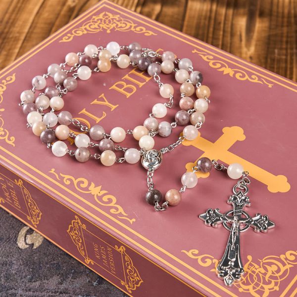 Madonna and Child & Crucifix of 8mm Round Multicolor Agate Alloy Chain Rosary