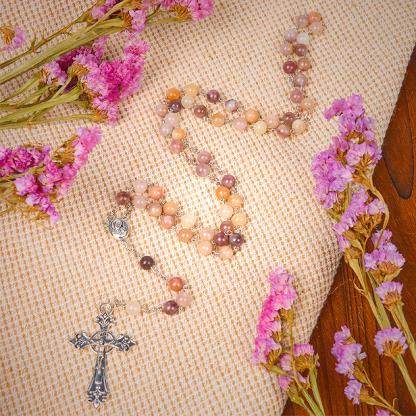 Madonna and Child & Crucifix of 8mm Round Multicolor Agate Alloy Chain Rosary