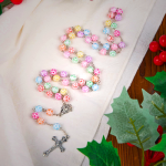 Virgin Mary & Crucifix of 8 mm Round Multicolor Polymer Clay Alloy Chain Rosary