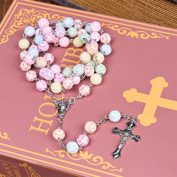 Virgin Mary & Crucifix of 8 mm Round Multicolor Polymer Clay Alloy Chain Rosary