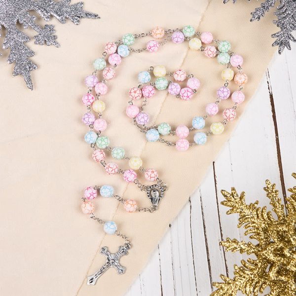 Virgin Mary & Crucifix of 8 mm Round Multicolor Polymer Clay Alloy Chain Rosary