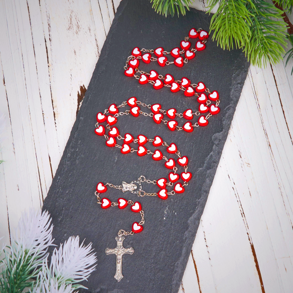 Virgin Mary & Crucifix of 6 mm Heart Multicolor Acrylic Alloy Chain Rosary(4 color)