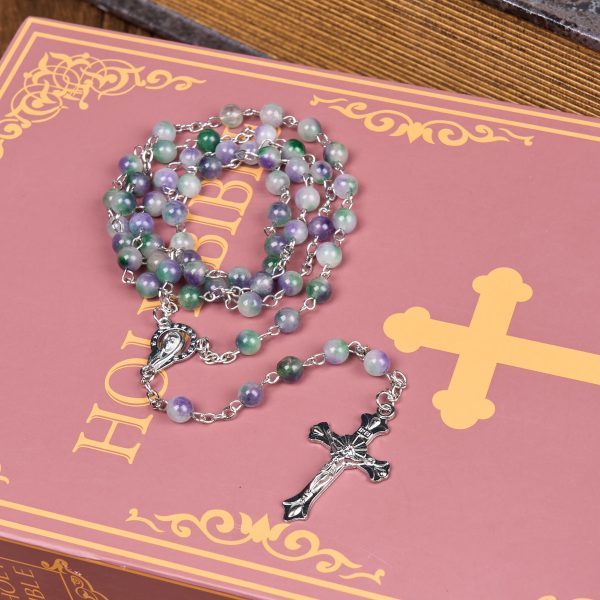 Virgin Mary & Crucifix of 6 mm Round Purple Green Agate Alloy Chain Rosary