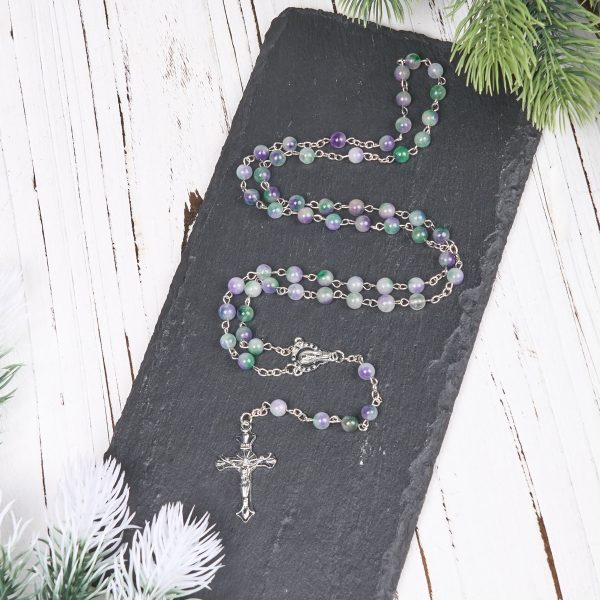 Virgin Mary & Crucifix of 6 mm Round Purple Green Agate Alloy Chain Rosary