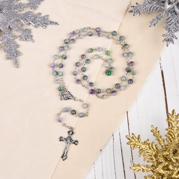 Virgin Mary & Crucifix of 6 mm Round Purple Green Agate Alloy Chain Rosary