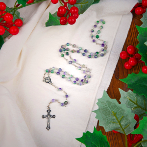Virgin Mary & Crucifix of 6 mm Round Purple Green Agate Alloy Chain Rosary