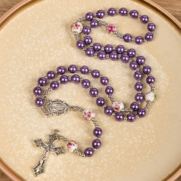 Christianartworkshop Miraculous Medal & Crucifix of 10mm Round Multicolor Pearl/Ceramics Rosary