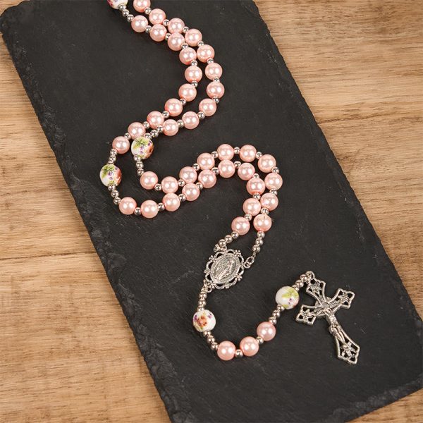 Christianartworkshop Miraculous Medal & Crucifix of 10mm Round Multicolor Pearl/Ceramics Rosary