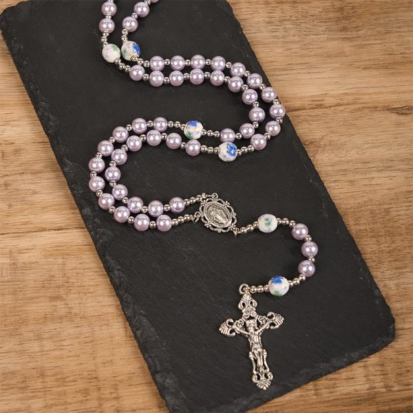 Christianartworkshop Miraculous Medal & Crucifix of 10mm Round Multicolor Pearl/Ceramics Rosary