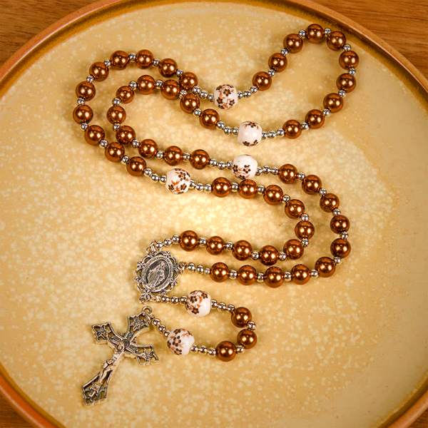 Miraculous Medal & Crucifix of 10mm Round Multicolor Pearl/Ceramics Rosary