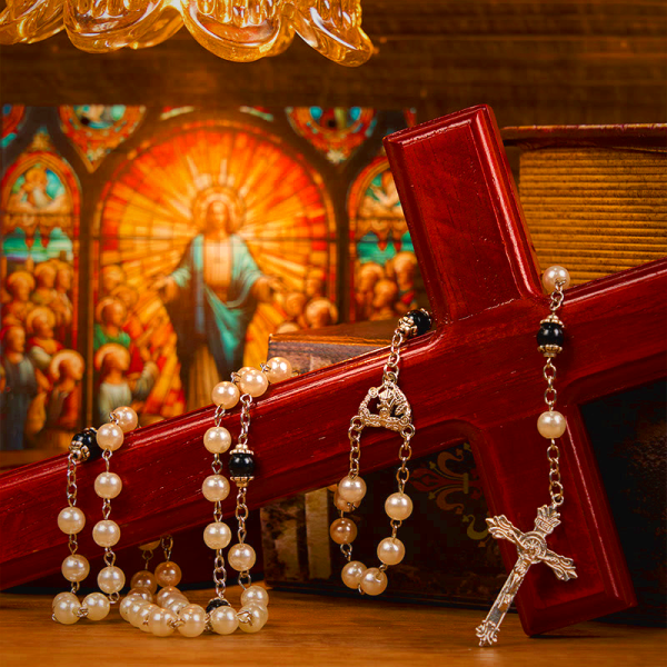 Immaculate Heart of Mary & Crucifix of 8 mm Round White Acrylic Alloy Chain Rosary