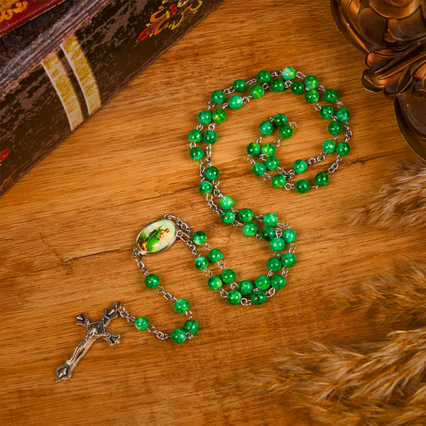 St. Jude & Crucifix of 8 mm Round Green Glass Alloy Chain Rosary