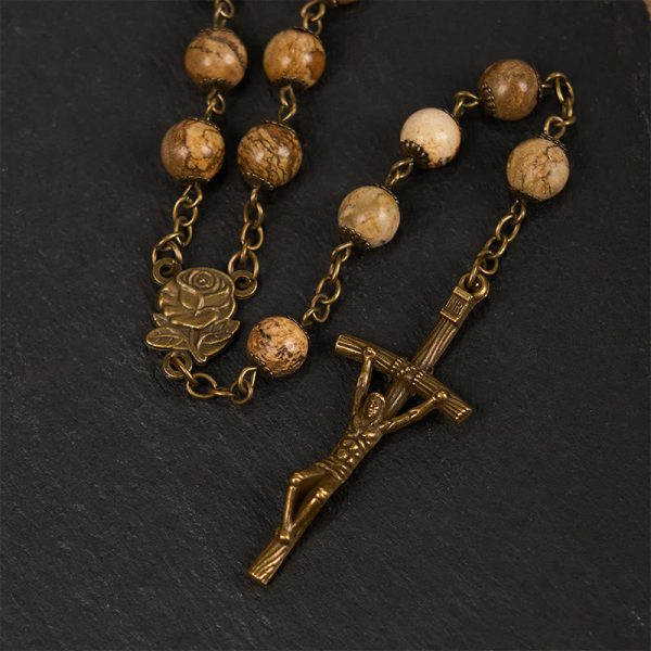 Rose & Crucifix of 8 mm Round Brown Stone Alloy Chain Rosary