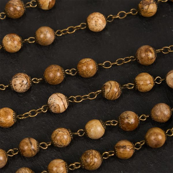 Rose & Crucifix of 8 mm Round Brown Stone Alloy Chain Rosary