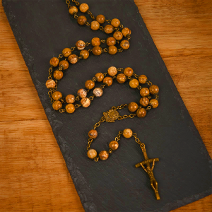 Rose & Crucifix of 8 mm Round Brown Stone Alloy Chain Rosary