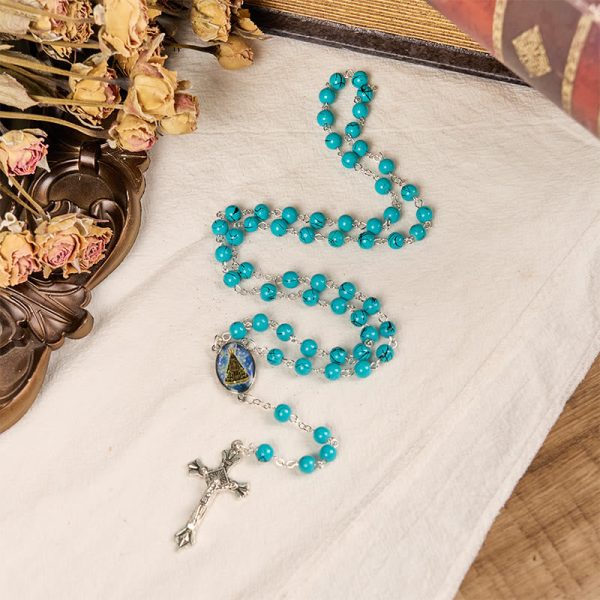 Our Lady of Aparecida & Crucifix of 8 mm Round Green Glass Alloy Chain Rosary