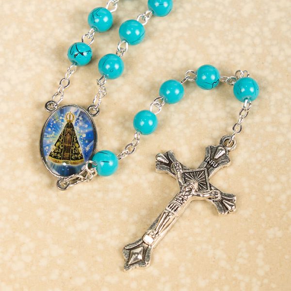 Our Lady of Aparecida & Crucifix of 8 mm Round Green Glass Alloy Chain Rosary