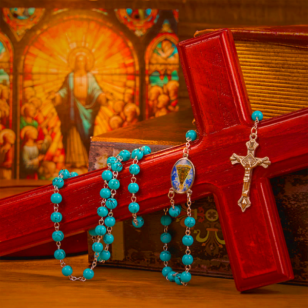 Our Lady of Aparecida & Crucifix of 8 mm Round Green Glass Alloy Chain Rosary