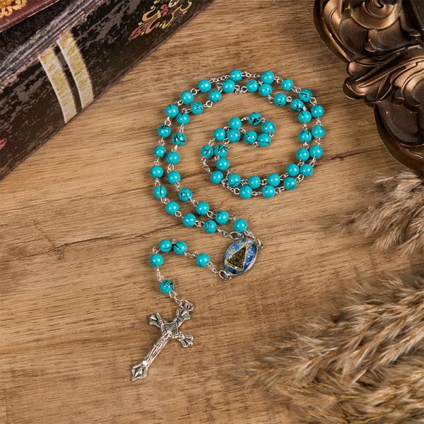 Our Lady of Aparecida & Crucifix of 8 mm Round Green Glass Alloy Chain Rosary