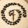 Rose & Crucifix of 10mm Round Black Stone Alloy Chain Rosary