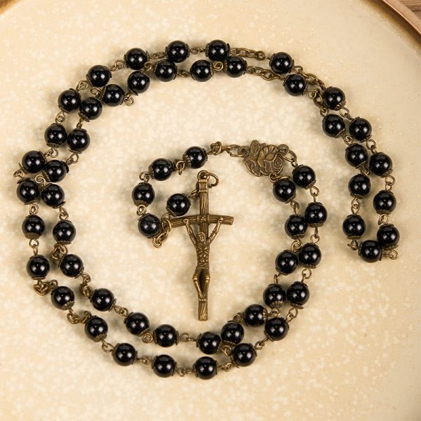 Rose & Crucifix of 10mm Round Black Stone Alloy Chain Rosary