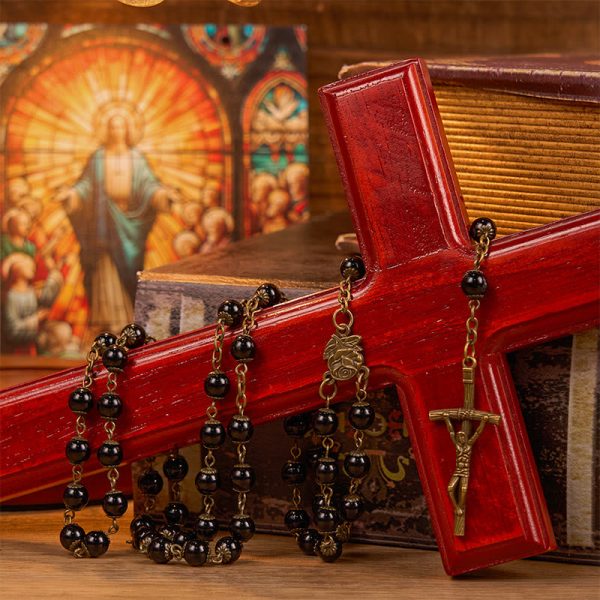 Rose & Crucifix of 10mm Round Black Stone Alloy Chain Rosary