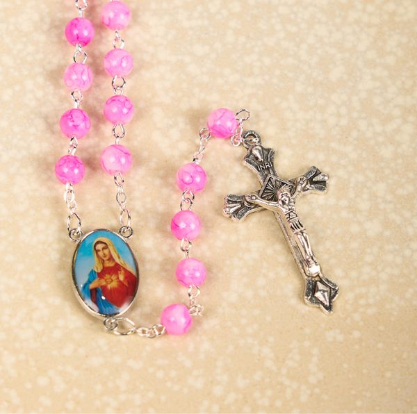 Immaculate Heart of Mary & Crucifix of 8 mm Round Pink Glass Alloy Chain Rosary