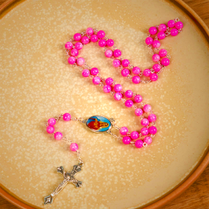 Immaculate Heart of Mary & Crucifix of 8 mm Round Pink Glass Alloy Chain Rosary