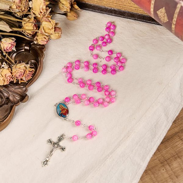 Immaculate Heart of Mary & Crucifix of 8 mm Round Pink Glass Alloy Chain Rosary