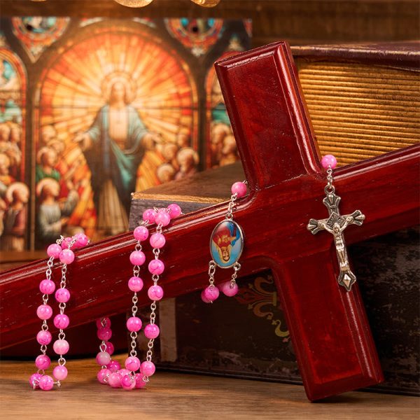 Immaculate Heart of Mary & Crucifix of 8 mm Round Pink Glass Alloy Chain Rosary