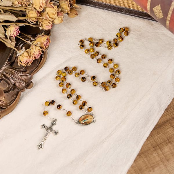 Our Lady of Fatima & Crucifix of 8 mm Round Pattern Stone Alloy Chain Rosary