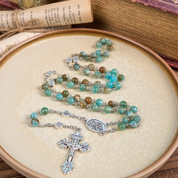 Our Lady of Aparecida & Crucifix of 8mm Round Green Acrylic Alloy Chain Rosary
