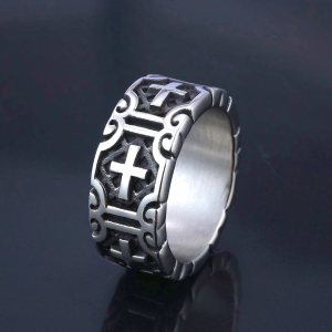 Retro Cross Engraved Stainless Steel Faith Ring - Christian Artwork