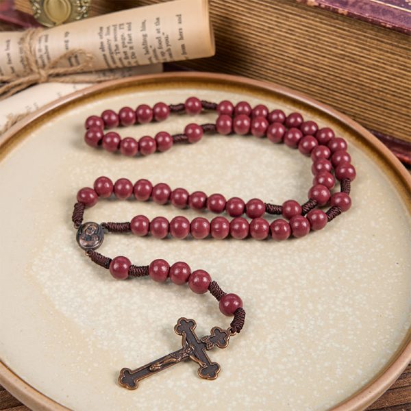 Madonna and Child & Crucifix of 10mm Round Red Wood Nylon Cord Rosary