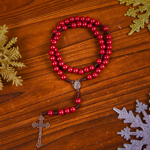 Madonna and Child & Crucifix of 10mm Round Red Wood Nylon Cord Rosary